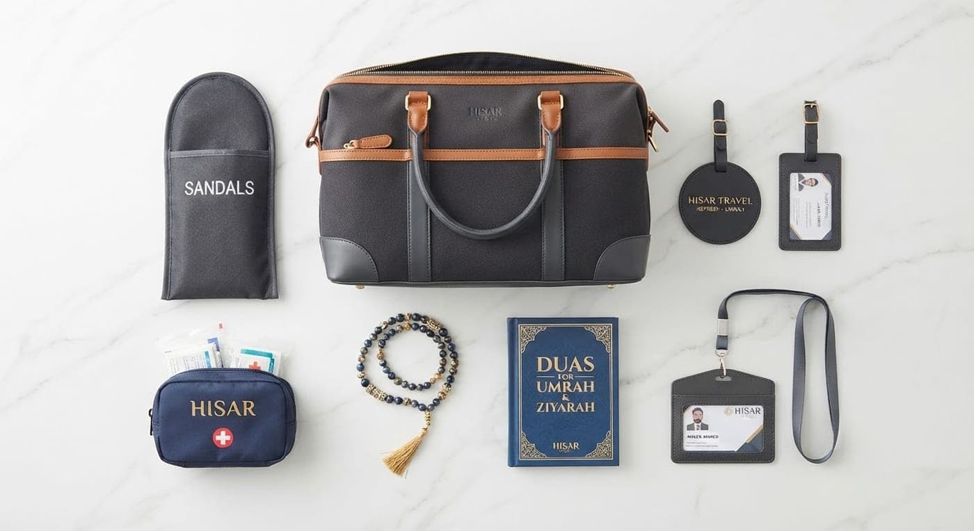 The free Hisar Travel Umrah kit โ travel bag, tasbeeh, duas booklet, sandals pouch, first aid kit and ID card holder
